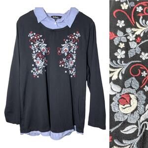 Ulla Popken Floral Embroidered Layered Shirt 20/22 Blue Plus